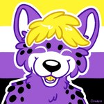 1:1 2020 ambiguous_gender anthro black_nose black_spots blonde_hair bust_portrait clip_studio_paint_(artwork) cloudpie conditional_dnp digital_drawing_(artwork) digital_media_(artwork) fur hair hyena icon lgbt_pride lgbt_pride_month mammal markings nonbinary_(lore) nonbinary_pride_colors open_mouth open_smile outline portrait pride_color_background pride_colors purple_body purple_fur restricted_palette simple_background smile snout solo spots spotted_body spotted_fur spotted_hyena teeth tongue white_inner_ear white_outline yellow_tongue