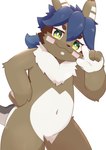 2023 anthro arcello blue_hair brown_body brown_fur countershading digital_media_(artwork) dipstick_ears ear_markings finger_gun front_view fur gesture hair hand_gesture hand_on_hip hi_res iryu_km kemono lagomorph leporid looking_at_viewer male mammal markings multicolored_ears narrowed_eyes navel production_taiikukan rabbit solo white_body white_countershading white_facial_markings white_fur white_markings yellow_eyes young