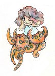 anthro blue_eyes cephalopod coleoid curled_hair female hair marine mollusk octopodiform octopus octopus_taur one_eye_obstructed raised_arms simple_background solo taur tentacles themushman young young_female young_taur