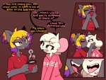 4:3 anthro ashley_(mewgle) blush collaboration comic dialogue domestic_cat duo felid feline felis female hi_res hot_drink kiss_on_lips kissing male male/female mammal murid murine open_mouth rat reggie_(whygena) rodent surprised whygena