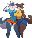 2024 absurd_res anthro beastars big_breasts bodily_fluids bottomwear breast_size_difference breasts brown_body brown_fur canid canine canis clothing crop_top crossover digital_media_(artwork) duo eyewear female fingers fur hi_res huge_breasts illumination_entertainment juno_(beastars) mammal porsha_crystal purple_eyes shirt shorts sing_(movie) smile sssonic2 sunglasses sweat sweatdrop thick_thighs topwear white_body white_fur wide_hips wolf