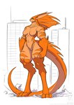 2021 anthro biceps breasts building conditional_dnp digitigrade featureless_breasts female fur gloves_(marking) green_eyes jollyjack kaiju leg_markings long_tail macro mammal markings muscular muscular_anthro muscular_female nude orange_body orange_fur restricted_palette selective_coloring skyscraper socks_(marking) solo tail tan_body tan_fur thick_thighs