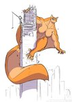 2021 anthro blue_eyes breasts building city cityscape conditional_dnp crane_(machine) empty_eyes female flying_squirrel fur jollyjack kaiju mammal membrane_(anatomy) muscular muscular_arms nude orange_body orange_fur patagium restricted_palette rodent sciurid skyscraper solo tan_body tan_fur