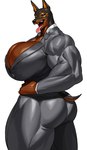 2024 absurd_res anthro anubian_jackal bedroom_eyes big_breasts big_butt big_iris big_muscles biped black_body black_ears black_fur black_nose bottomwear breasts brown_body brown_breasts brown_fur bulging_breasts business_suit butt button_(fastener) canid canine canis clothed clothed_anthro clothed_female clothing digital_drawing_(artwork) digital_media_(artwork) dobermann domestic_dog eye_markings eyelashes fangs female fingers fully_clothed fully_clothed_anthro fully_clothed_female fur glistening glistening_breasts glistening_eyes glistening_nose gold_markings grey_bottomwear grey_clothing grey_pants grey_suit half-closed_eyes hand_on_hip hand_on_own_hip hi_res huge_breasts huge_muscles humanoid_hands hybrid iris jackal looking_at_viewer mammal markings multicolored_body multicolored_fur muscular muscular_anthro muscular_arms muscular_female muscular_thighs narrowed_eyes no_bra open_mouth open_smile orange_inner_ear pants pink_tongue pinscher portrait pose prick_ears pupils purple_eyes seductive short_tail side_boob simple_background skimpy smile smiling_at_viewer snout solo sotcho standing striped_inner_ear suit tail teeth thick_neck three-quarter_portrait tongue tongue_out two_tone_body two_tone_fur two_tone_tail white_background