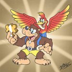 1:1 2021 anthro avian banjo-kazooie banjo_(banjo-kazooie) beak brown_body brown_fur claws dannycortoons duo feathered_wings feathers feet female fingers fur hi_res kazooie male open_mouth open_smile puzzle_piece rareware signature smile toes wings