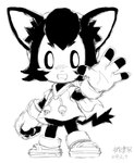 anthro black_body black_fur black_hair blush clothing footwear fur garamando gesture gloves hair handwear hi_res jump-kun looking_at_viewer male monochrome open_mouth simple_background solo topwear waving waving_at_viewer white_background