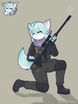 3:4 ambiguous_species anthro bfg-50 black_clothing black_footwear black_shoes blue_eyes blue_hair blue_hands blue_paws blue_tail bullet clothing digital_media_(artwork) female footwear frown fur gun hair hi_res karizaxyz512 military_uniform phantom_forces purple_ears ranged_weapon rifle roblox scope shaded shadow shoes simple_background smoke sniper_rifle solo stylis_studios tail toben_(phantom_forces) uniform weapon