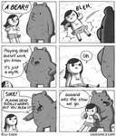 2024 6_panel_comic anthro bear biped black_hair bottomwear clothing duo english_text exocomics female fur grey_body grey_fur greyscale hair human male mammal monochrome playing_dead skirt text url