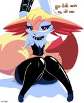 absurd_res ando anthro big_butt braixen butt canid canine clothing collar corset female flat_chested fur generation_6_pokemon hi_res latex latex_clothing latex_legwear latex_stockings latex_thigh_highs legwear lingerie looking_at_viewer mammal nintendo pokemon pokemon_(species) red_body red_eyes red_fur solo spiked_collar spikes stockings thigh_highs topwear white_body white_fur yellow_body yellow_fur