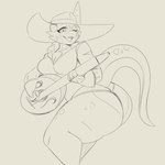 1:1 1_horn absurd_res anthro bard big_butt breasts butt clothing coffee_demon digital_media_(artwork) eileen_(coffee_demon) female hat headgear headwear hi_res horn kobold lute musical_instrument plucked_string_instrument scalie sketch solo string_instrument thick_thighs thong underwear