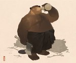 2024 anthro axe beaver belly big_belly brown_body drinking hi_res huynhduyad14 kemono lumberjack male mammal moobs overweight overweight_male rodent solo