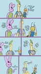 antennae_(anatomy) anthro bayleef beedrill blush breasts comic dialogue english_text female generation_1_pokemon generation_2_pokemon group hi_res jovi_cap jovi_cap_(oc) lagomorph leporid male mammal nintendo pokemon pokemon_(species) purple_body rabbit text trio yellow_body