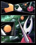 2023 2_horns 4:5 arthropod battle black_body black_eyes cloak clothing comic detailed_background digital_drawing_(artwork) digital_media_(artwork) duo english_text female hi_res holding_object holding_weapon hollow_knight horn hornet_(hollow_knight) humanoid jellli looking_at_another looking_at_viewer male orb plant red_cloak red_clothing rock shaded team_cherry text the_knight_(hollow_knight) throwing_object vessel_(species) weapon