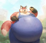 abthegreat anthro artfulreggie belly big_belly big_cheeks black_body black_fur burger canid canine chubby_cheeks claws clothed clothing food fox fur hi_res holding_burger holding_food holding_object huge_belly male mammal moobs obese obese_anthro obese_male open_mouth open_smile orange_body orange_fur outside overalls overalls_only overweight overweight_anthro overweight_male plant smile solo standing tongue tree white_body white_fur