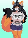 anthro big_breasts black_hair bottomwear breasts canid canine clothing dolphin_shorts elmer_galarga female fox fur green_eyes grin hair hi_res huge_breasts kamilla_denton looking_at_viewer mammal oddly_specific_shirts_(meme) orange_body orange_fur shirt shorts simple_background smile solo tight_clothing tight_shirt tight_topwear topwear