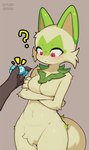 anthro arm_under_breasts biped blush breasts brown_body brown_fur cheek_tuft crossed_arms crotch_tuft duo eyelashes facial_tuft featureless_breasts female fur generation_9_pokemon green_body green_fur green_tail hi_res kyurisawa nintendo pink_nose pokemon pokemon_(species) question_mark red_eyes solo sprigatito tail tuft