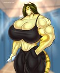 absurd_res anthro big_breasts big_muscles bodily_fluids breasts felid female gym hi_res huge_breasts huge_muscles hyper hyper_muscles lavochnica mammal muscular muscular_female pantherine solo sportswear sweat tiger water