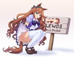 accessory animal_humanoid blue_eyes brown_hair clothed clothing clothing_lift cygames dress dress_lift equid equid_humanoid equine equine_humanoid female hair hair_accessory hair_ribbon hi_res horse_humanoid humanoid lbm legwear long_hair mammal mammal_humanoid maruzensky_(pretty_derby) meme metalmorag panties ribbons sign solo stockings tongue tongue_out uma_musume_pretty_derby underwear upskirt white_clothing white_panties white_underwear