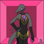 1:1 angelasalazzle anthro background_character clothing dress female generation_7_pokemon hands_on_hips hi_res hollow_hip_backless_chain_dress looking_back nintendo pinup pokemon pokemon_(species) pose reptile salazzle scalie sexy_eyes sky solo