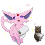 1:1 cute_fangs domestic_cat eeveelution espeon fangs felid feline felis feral generation_2_pokemon hi_res mammal nintendo pink_body pokemon pokemon_(species) purple_sclera sarent_stuff solo teeth toilet_paper_roll