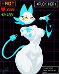 absurd_res android anthro big_breasts breasts buttplug buttplug_tail choker clothing darkner deltarune disembodied_hand emmet_twunks fake_tail felid feline female genitals hi_res holding_clothing holding_object holding_panties holding_underwear jewelry looking_at_viewer machine mammal necklace nude panties plug_(sex_toy) pussy robot sex_toy solo strip_game tasque_manager text text_box undertale_(series) underwear undressing white_body wide_hips yellow_eyes