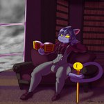 1:1 absurd_res anthro book bookshelf cane clothing cloud cloudy_sky dirtymac domestic_cat felid feline felis fur furniture hair hi_res library male mammal overalls purple_body purple_fur purple_hair raining reading sky staff yellow_eyes