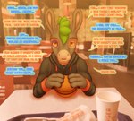 anthro asinus black_eye_(injury) bruised burger choko_(chokodonkey) chokodonkey clothing comic conditional_dnp dialogue donkey eating eating_food english_text equid equine fast_food_restaurant fingers food hoodie hooved_fingers hooves male mammal punk_hair solo speech_bubble text topwear