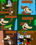 alexeigribanov bathing comic crocodile crocodilian cuphead_(character) cuphead_(game) english_text forest group hi_res humanoid jungle male male/male mammal mugman murid murine plant rat reptile rodent scalie shower showering text tree werner_werman