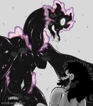 alien beard black_body black_hair breasts comic duo english_text facial_hair featureless_breasts female hair hi_res human larger_female male mammal not_furry nude size_difference smaller_human smaller_male text the_wanderer ze_blackball.d