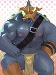 3:4 abs anthro bandai_namco belt bottomwear bulge clothing digimon digimon_(species) fug@9 fur horn loincloth male muscular muscular_anthro muscular_male navel nipples orange_body orange_fur pecs solo tusks zudomon