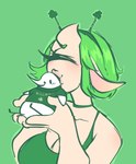 2019 ambiguous_gender anthro avian berd_(character) bird blush blush_lines bottomless bottomless_anthro breasts bynx_(cclowndogg) cclowndogg cleavage clothed clothing clover_(plant) cyclops dot_eyes duo eyebrows eyelashes eyes_closed female female/ambiguous flat_colors green_background green_clothing green_eyebrows green_hair green_hairband green_shirt green_sweater green_tank_top green_theme green_topwear hair heart_eyebrows hi_res holding_character holidays horn horned_humanoid humanoid humanoid_on_anthro humanoid_pointy_ears kissing kissing_head larger_female larger_humanoid lips long_beak male_(lore) micro plant print_clothing print_sweater print_topwear semi-anthro shirt simple_background sitting size_difference smaller_ambiguous smaller_anthro st._patrick's_day sweater tank_top text text_on_clothing text_on_sweater text_on_topwear toony topwear white_body