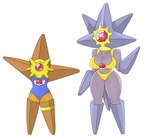 anthro anthrofied big_breasts bikini bikini_thong bikini_top breasts brown_body clothing duo female for_a_head gem generation_1_pokemon hi_res jewelry marine nintendo pokeball pokemon pokemon_(species) pokemorph purple_body red_eyes simple_background starmie staryu swimwear two-piece_swimsuit urusee584 white_background yellow_bikini yellow_clothing yellow_swimwear