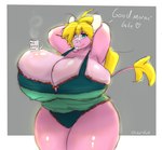 anthro big_breasts blonde_hair blue_eyes bovid bovine bra breasts cattle cleavage cleavage_overflow clothed clothing coffee_mug female hair hands_behind_head huge_breasts looking_at_viewer mammal oliburgob overflowing_breasts paprika_(olibur) shirt solo thick_thighs topwear tying_hair underwear