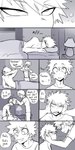 1:2 absurd_res after_transformation bed blush clothing comic dialogue dressing duo english_text freckles furniture hi_res human human_only izuku_midoriya katsuki_bakugou lamp male mammal my_hero_academia not_furry pretty_werewolf speech_bubble spot_color surprised_expression text underwear waking_up