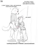 2022 animal_genitalia animal_penis anthro anthro_on_anthro balls canid canine canine_genitalia canine_penis canis comic dialogue duo english_text erection fox genitals hand_on_penis hi_res larger_anthro larger_male leg_strap leto_(letodoesart) letodoesart male male/male mammal penis penis_tip sheath size_difference smaller_anthro smaller_male text wolf