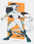 4_eyes angry anthro athletic athletic_anthro athletic_male bandage bandaged_arm biceps black_hair blue_eyes branch canid canine canis claws dragon dreycothewyrm fangs hair hi_res hybrid hynvale_navayaghale_(hynvale) long_ears long_hair looking_at_viewer male mammal markings multi_eye muscular muscular_male muscular_thighs mythological_creature mythological_scalie mythology pose scales scalie simple_background sketchy smile solo spikes spikes_(anatomy) tail teeth thorns tongue tongue_out vein white_body wolf