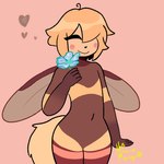 1:1 ambiguous_gender arthropod bee blush femboy flower fur heart_symbol humanoid hymenopteran insect micromango plant signature solo tail wings yellow_body yellow_fur