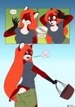 anthro arianna_altomare basket black_nose body_control bottomwear butt canid canine clothing comic conjoined_speech_bubble container countershading cute_fangs dialogue english_text fangs female fox fur growth hair halcy0n hi_res holding_basket holding_container holding_object human_to_anthro linked_speech_bubble long_hair looking_back mammal possession red_body red_eyes red_fur red_hair repeated_dialogue repeated_text shirt shocked shorts smile solo species_transformation speech_bubble tail tail_growth takeover teeth text topwear transformation white_body white_countershading