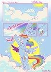 2024 absurd_res artist_name blue_body blue_feathers blue_fur blue_hooves blue_sky blue_wings border cloud colored comic cupcakes_(mlp_fanfic) cutie_mark day digital_drawing_(artwork) digital_media_(artwork) english_description english_text equid equine excited exclamation_point feathered_wings feathers female female_feral feral flying friendship_is_magic fur hair happy hasbro hi_res hooves horse interjection mammal multicolored_hair multicolored_tail my_little_pony mythological_creature mythological_equine mythology outside pegasus pony purple_text quadruped rainbow_dash_(mlp) rainbow_hair rainbow_tail sinful_pie sky solo sparkles spread_wings sun tail text unguligrade white_border wings