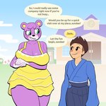 absurd_res animal_crossing anthro asian_clothing bear big_breasts breasts cleavage clothed clothing duo east_asian_clothing english_text female freckles grin hi_res huge_breasts human japanese_clothing kimono lovetopullmicke male male/female mammal megan_(animal_crossing) nintendo smile speech_bubble text villager_(animal_crossing)