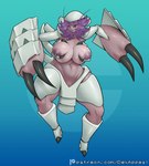 areola arthropod big_breasts breast_squish breasts claws dex_appeal eyelashes female generation_7_pokemon genitals golisopod hair hi_res huge_breasts humanoid insect lips monster_girl_(genre) multi_limb navel nintendo nipples nude pokemon pokemon_(species) pokemorph purple_body purple_hair purple_lips purple_skin pussy pussy_peek simple_background solo squish thick_eyelashes thick_thighs wide_hips