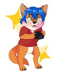 4:5 anthro blue_hair canid canine chibi clothing culpeo_fox fox green_eyes hair hi_res male mammal photographer red_clothing red_shirt red_t-shirt red_topwear shirt solo south_american_fox t-shirt topwear wise_(wiseesp)