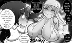 2022 5:3 big_breasts blush bodily_fluids breasts bulge dialogue digital_media_(artwork) duo english_text female goblin headgear hi_res human humanoid humanoid_pointy_ears isleofhando male male/female mammal monochrome nipple_outline not_furry pointy_ears shocked smile sweat text thick_thighs