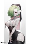 areola big_breasts breasts clothing female footwear gardevoir generation_3_pokemon green_hair hair hi_res humanoid inner_boob legwear nintendo nun_outfit pokemon pokemon_(species) red_eyes short_hair side_boob socks solo squish thigh_highs thigh_socks thigh_squish tight_clothing white_body yuika9200