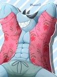 3:4 abs aloha_shirt anthro blue_body blue_bottomwear blue_clothing bottomwear clothed clothing eyewear fish flexing grin half-length_portrait hands_behind_head hi_res kwetpo12 male marine monotone_body mr._jawsum muscular muscular_anthro muscular_male omori_(game) open_clothing open_shirt open_topwear pattern_clothing pattern_shirt pattern_topwear pink_clothing pink_shirt pink_topwear portrait shark sharp_teeth shirt smile solo sunglasses swimming_trunks swimwear teeth topwear