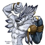 1:1 2000 anthro armwear bandai_namco biped clothing digimon digimon_(species) digital_media_(artwork) dog_tags ear_piercing ear_ring flexing fur garurumon grey_body grey_fur looking_at_viewer male muscular muscular_male piercing ring_piercing scar shaded snaggle_tooth soft_shading solo wooky