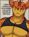 absurd_res aktiloth angry anthro bottomless clothed clothing cross-popping_vein dark_sclera dragon eye_scar facial_horn facial_scar hi_res horn male meme muscular muscular_anthro muscular_male mythological_creature mythological_scalie mythology nose_horn orange_body pecs raised_clothing raised_shirt raised_tank_top raised_topwear scales scalie scar selfie shirt shirt_only tank_top tank_top_lift tank_top_only teeth text topwear topwear_lift topwear_only topwear_up yellow_eyes