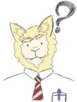 anthro ballpoint bovid butt canid canine canis caprine eyebrows fangs food he_wants_to_order hi_res hybrid lammy_(meko) leash male mammal meat meko_(artist) meme necktie question_mark sheep sheep-wolf teeth thick_eyebrows wolf