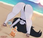 adventure_time anus beach bikini black_hair breasts butt cartoon_network clothing detailed_background english_text female footwear genitals grey_body grey_skin hair humanoid lotion marceline_abadeer not_furry outside pussy sand sandals seaside shoes sky solo somescrub suntan_lotion swimwear teeth text thick_thighs tongue two-piece_swimsuit undead vampire water