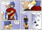 2012 anthro avian beak belt bird bulge_groping butt canid canine comic dialogue digital_drawing_(artwork) digital_media_(artwork) duo english_text falco_lombardi fox fox_mccloud grope heart_symbol hug inside male male/male mammal nintendo rear_view siman-clifton standing star_fox tail text url